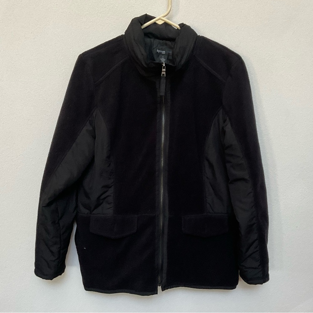 Style & Co Black Fleece And Nylon Full Zip Puffy Coat Size Large Petite Winter